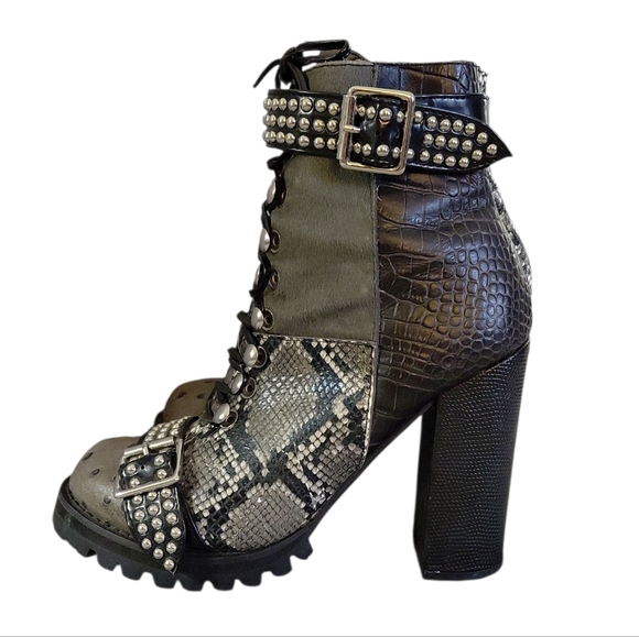 Jeffrey Campbell Lilith Black And Gray Studded Snake Platform Heeled Booties 7 - Picture 5 of 12